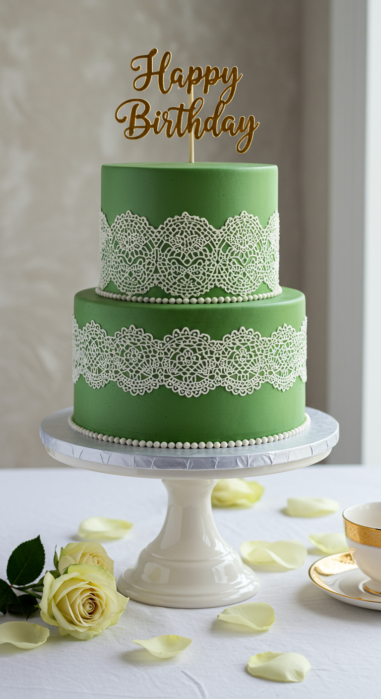 Zweistöckige grüne Torte mit weißer, essbarer Spitze und einem goldenen 'Happy Birthday' Topper.