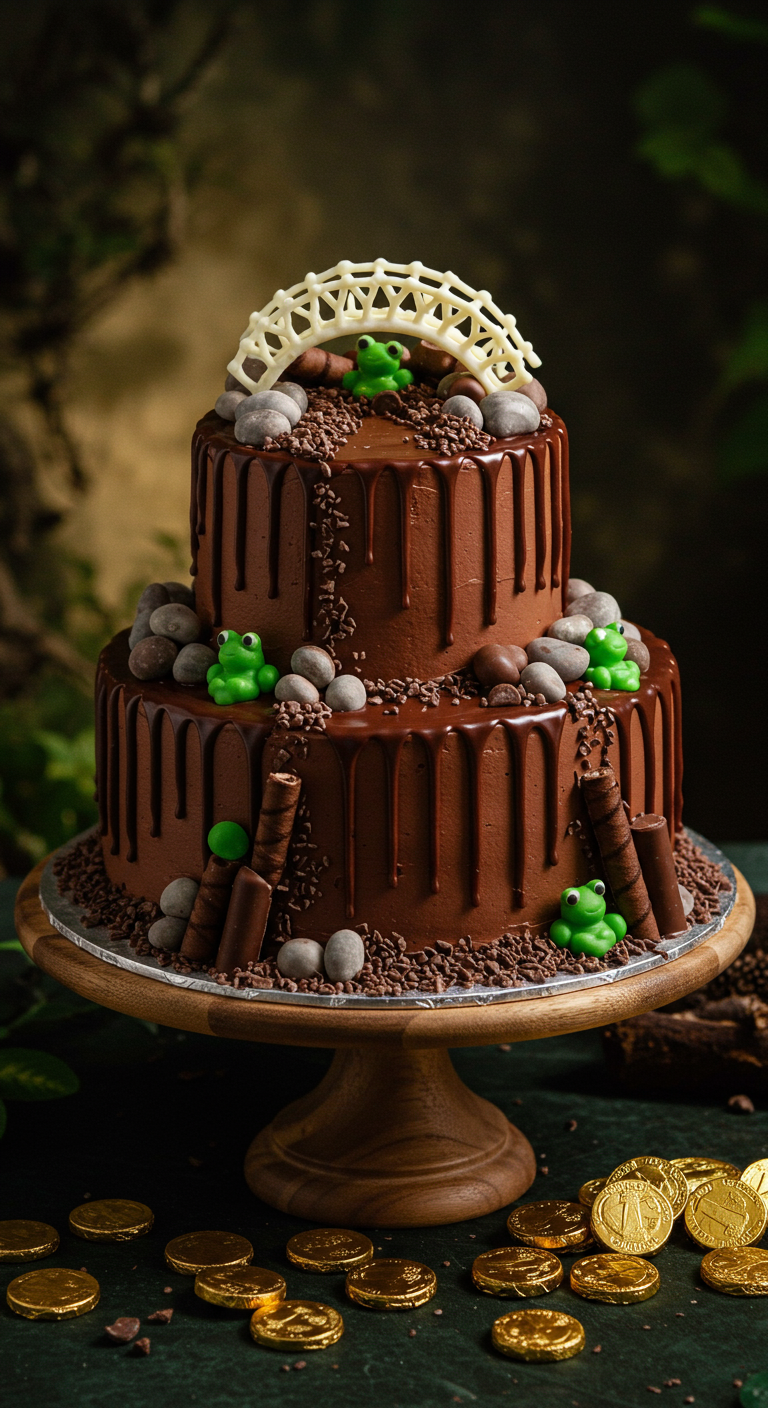 Schokotorte mit Schokotropfen, Schokosteinen, Froschfiguren und weißer Schokobrücke.