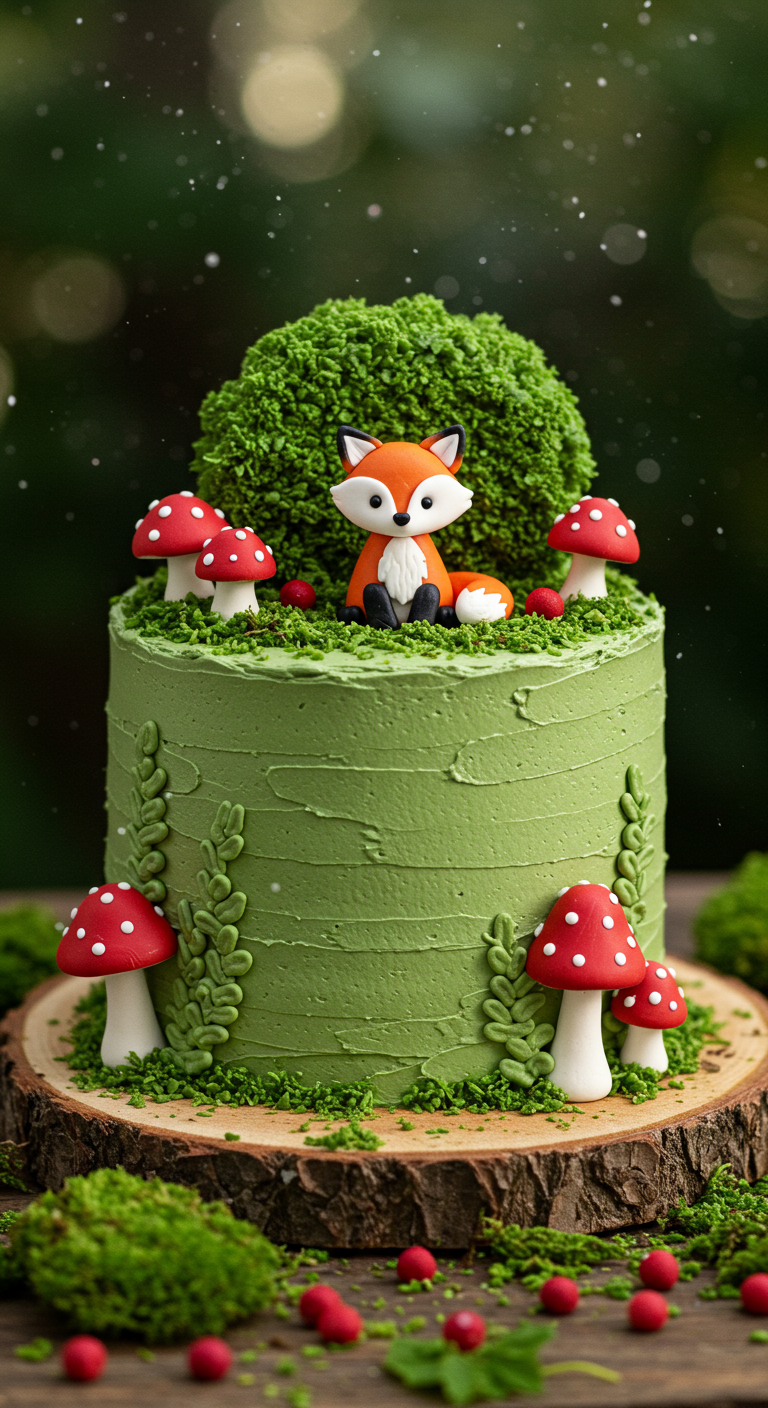Grüne Buttercreme-Torte mit Fuchs-Figur, Pilzen und Moos-Details.