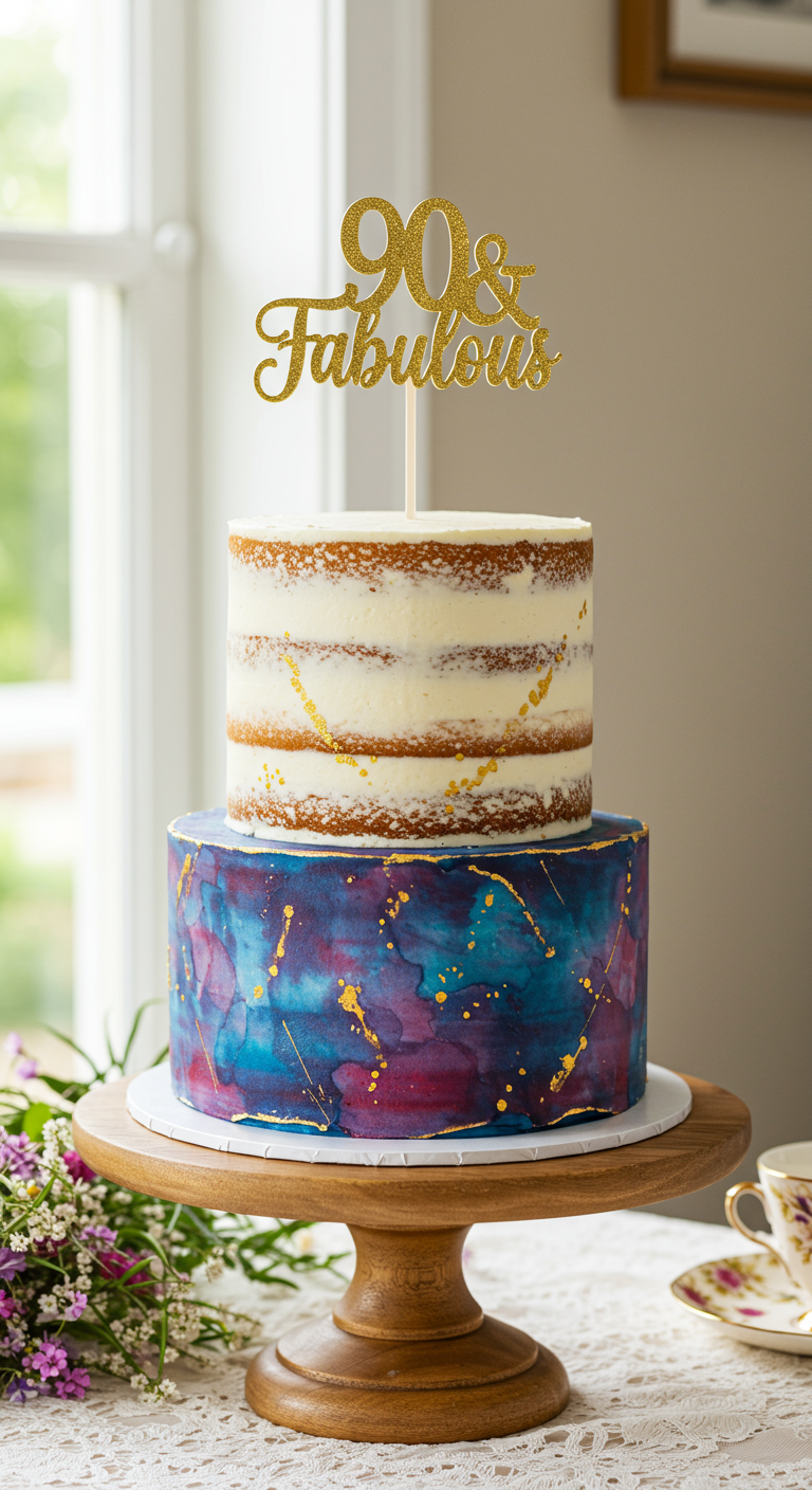 Zweistöckige Torte: oben semi-naked, unten Galaxie-Design in Blau-Lila mit Goldsprenkeln.