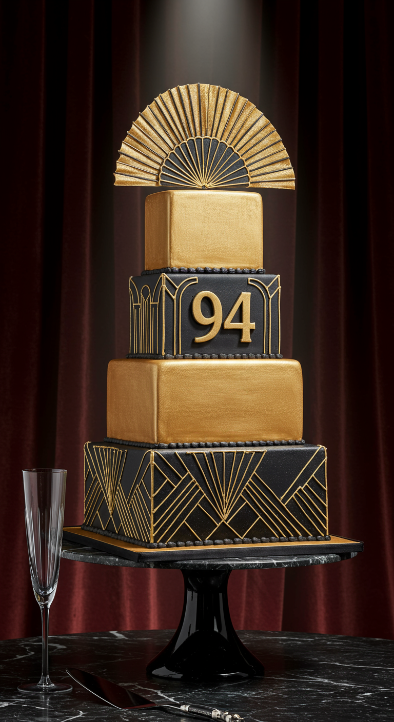 Hohe, schwarz-goldene Art-Deco-Torte mit der Zahl 94.