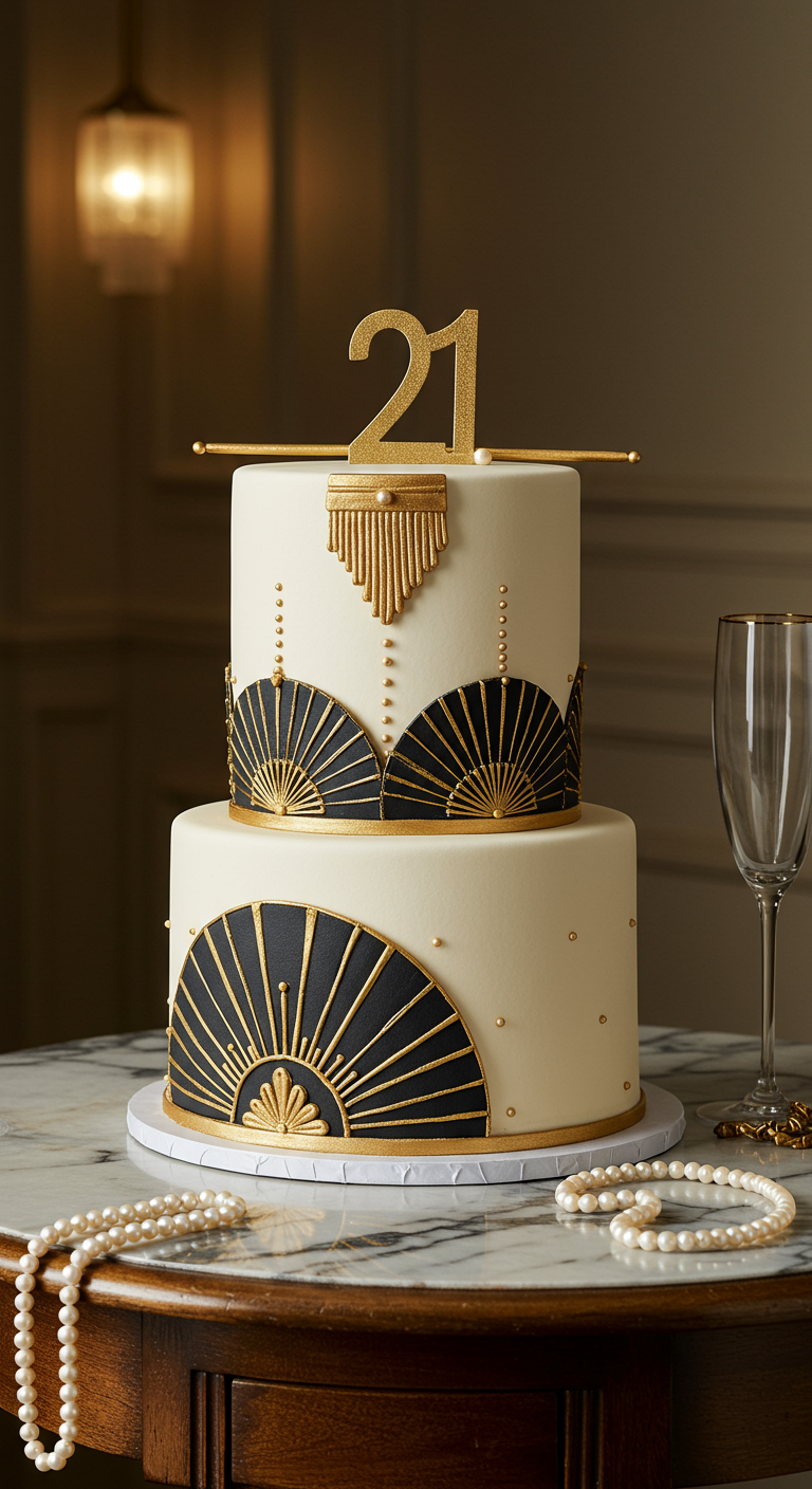 Zweistöckige Art-Deco-Torte in Weiß mit schwarzen und goldenen Fächermustern.