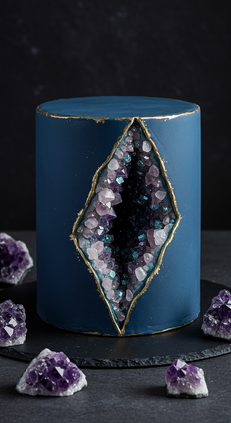Dunkelblaue Torte mit ausgeschnittener Geode voller violetter und blauer Kristalle.
