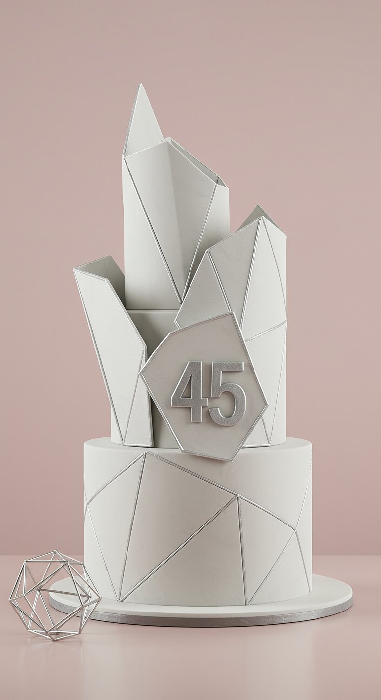 Moderne weiße Torte mit geometrischen Formen und silbernen Linien.