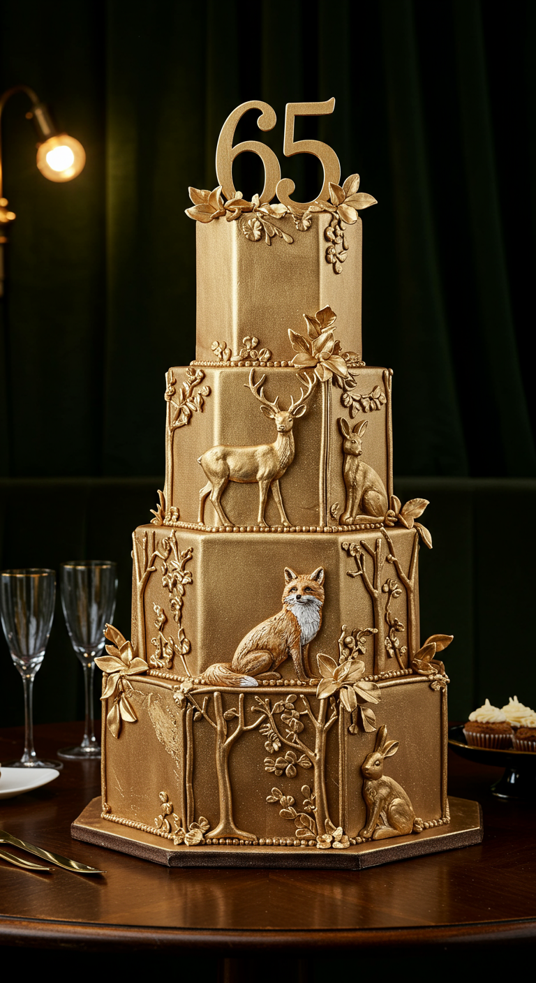Viereckige goldene Torte mit Waldtieren als Relief.