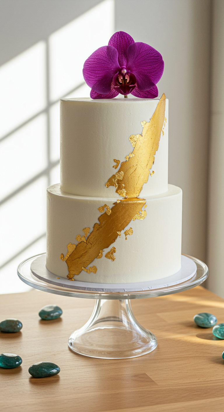 Zweistöckige weiße Torte mit breitem Goldblatt-Akzent und lila Orchidee.