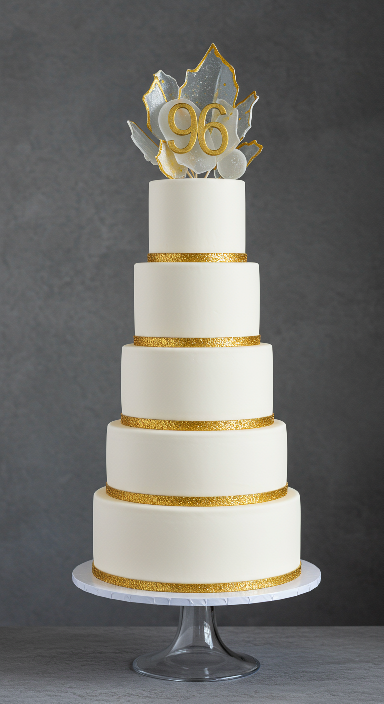 Sehr hohe weiße Torte mit goldenen Glitzerbändern und abstraktem Zucker-Topper.