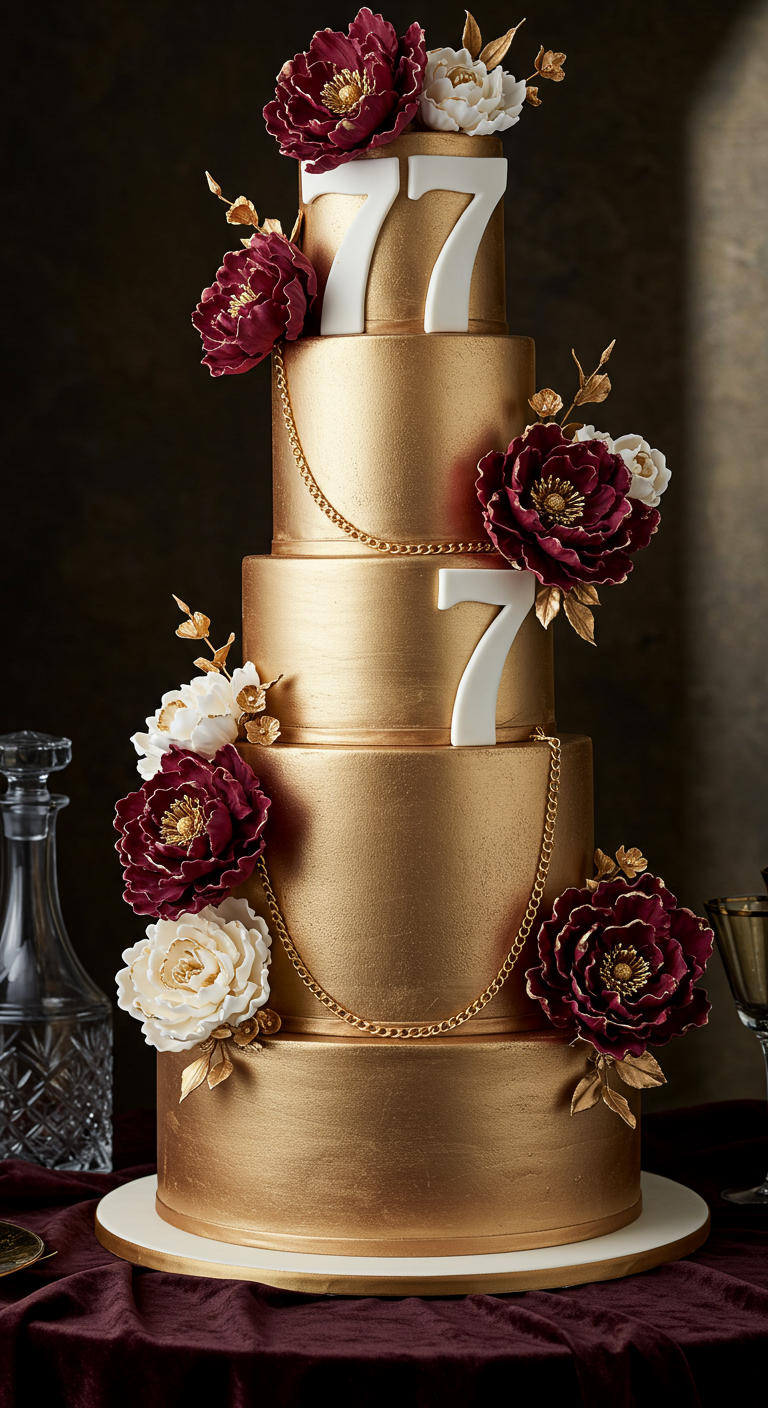 Hohe, mehrstöckige goldene Torte mit dunklen Zuckerblumen und goldenen Ketten.