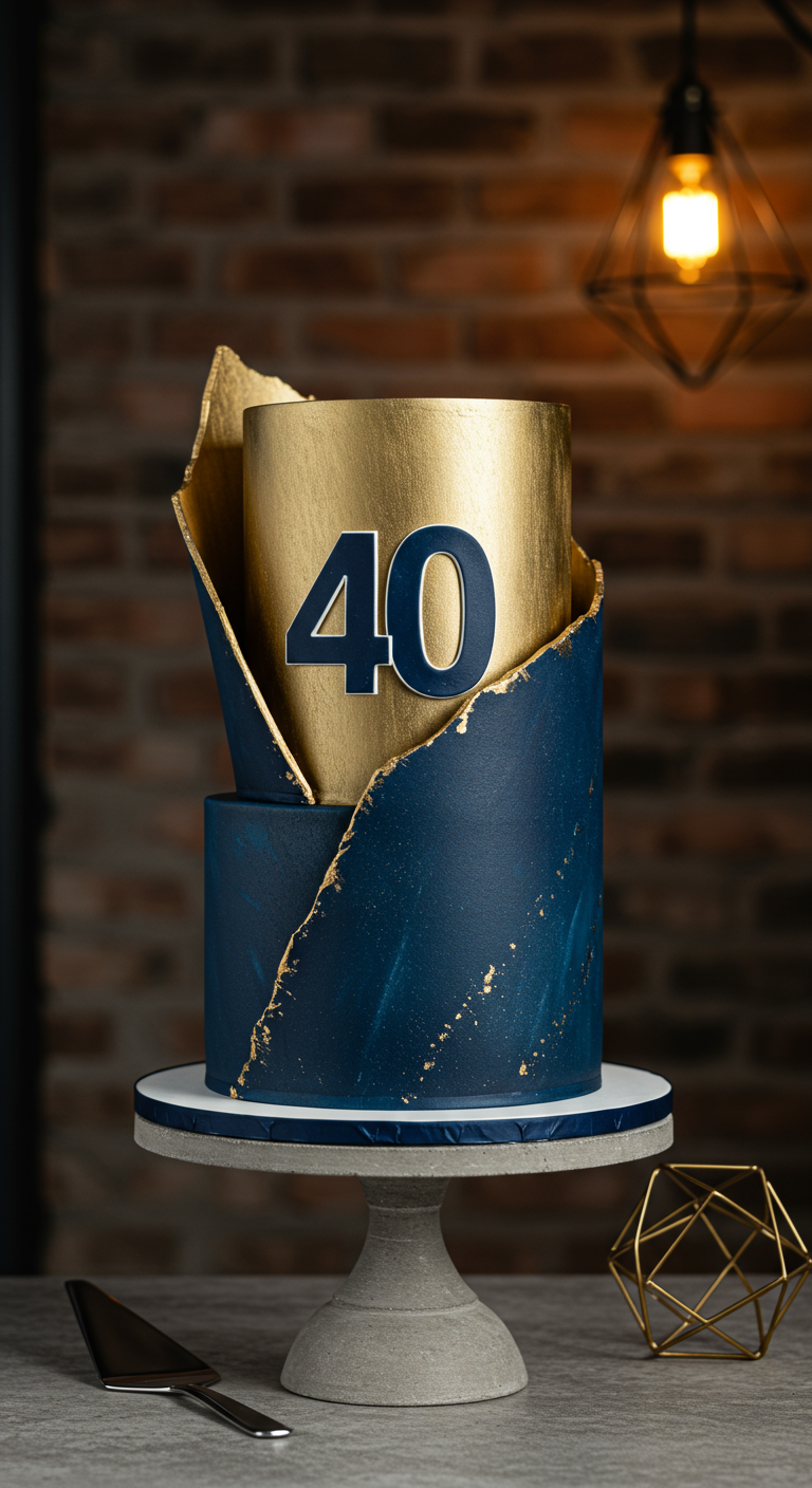 Dunkelblaue Torte mit goldenen Akzenten und großer Zahl 40.