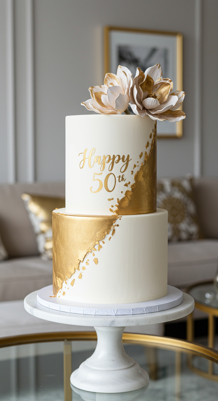 Weiße zweistöckige Torte mit goldenem Akzent und weiß-goldenen Zuckerblumen.
