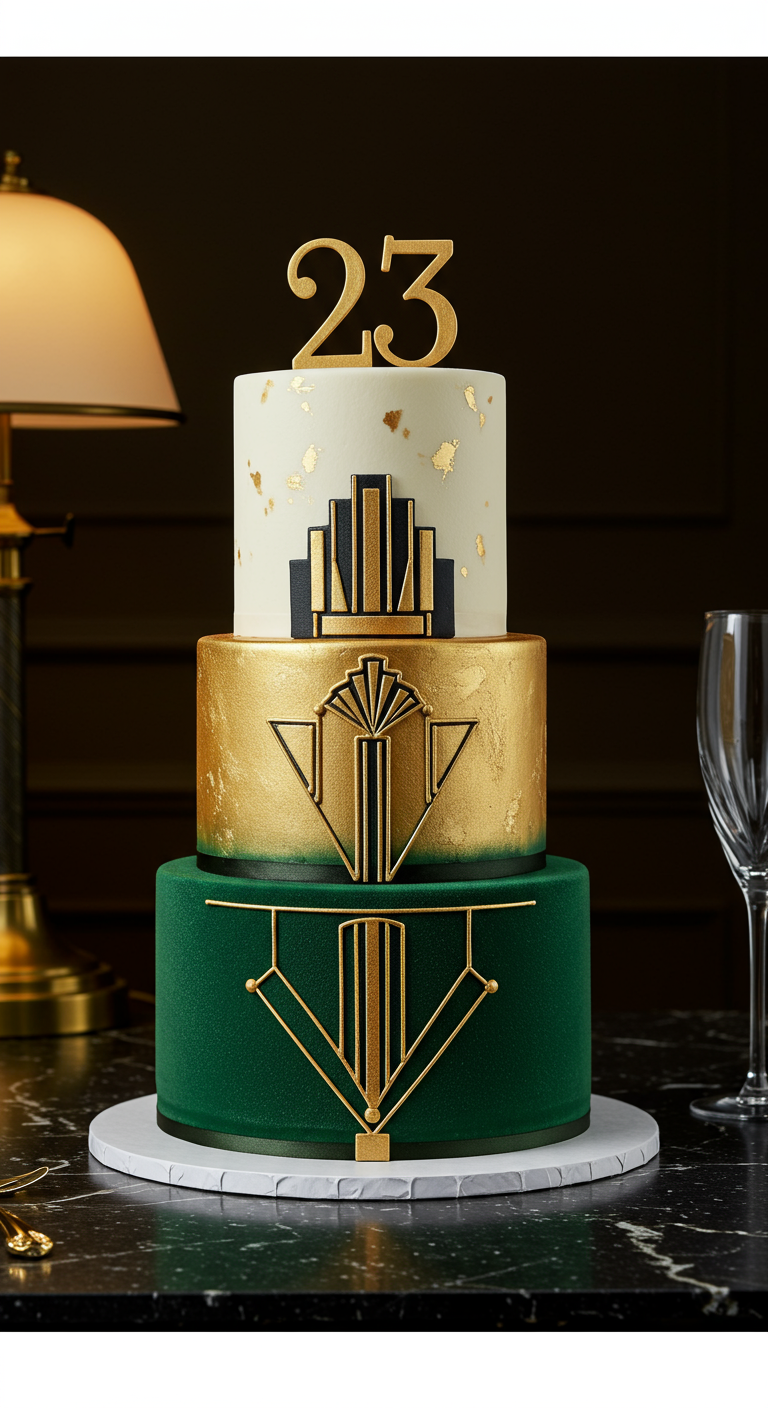 Dreistöckige Art-Deco-Torte in Weiß, Gold, Grün mit Zahl