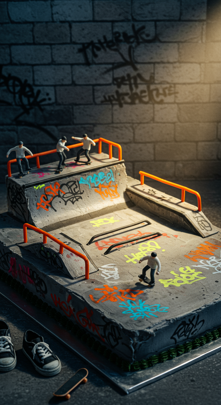 Kuchen in Form eines Skaterparks mit Graffiti und Mini-Skaterfiguren.
