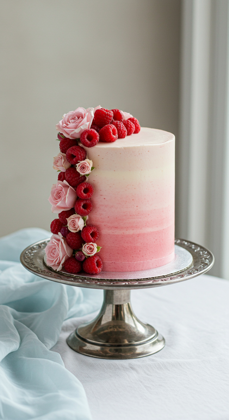 Hohe Torte mit rosa Ombré-Farbverlauf, dekoriert mit frischen Himbeeren und rosa Rosen.