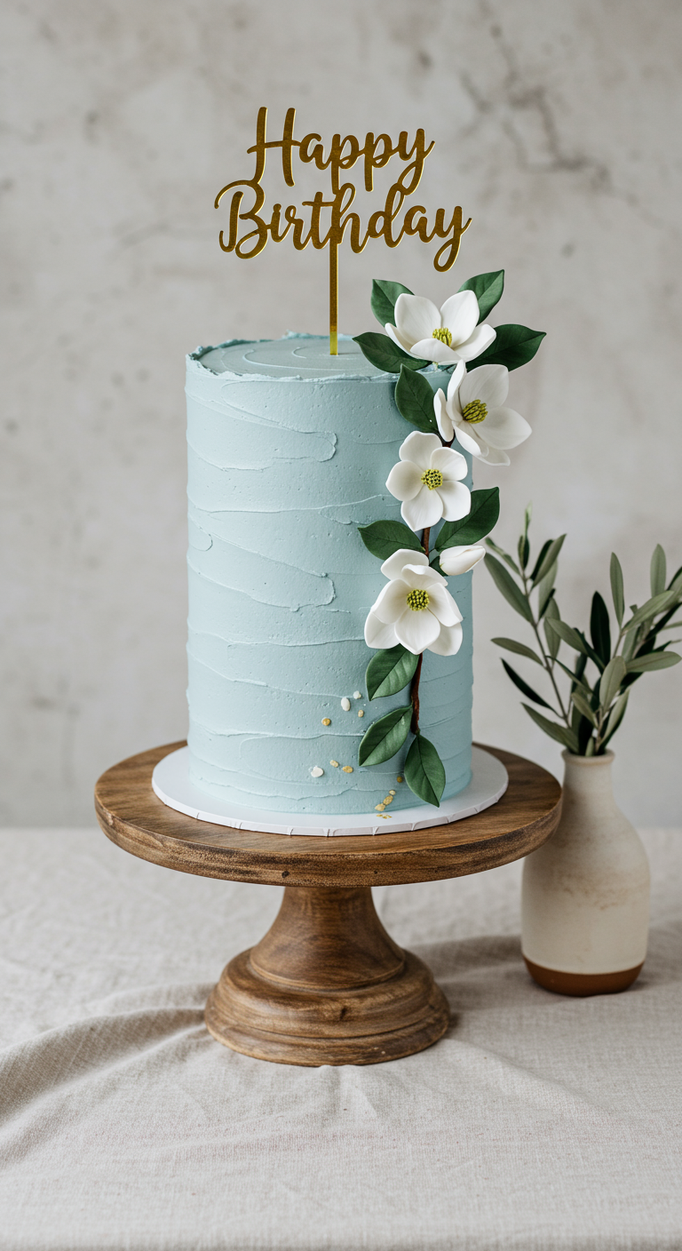 Hohe, hellblaue Torte mit weißen Zucker-Magnolien und goldenem
