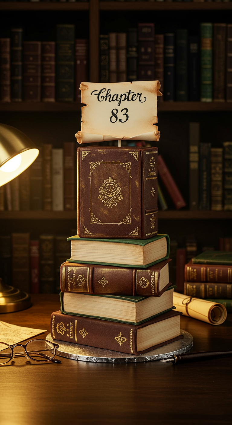 Torte in Form eines Stapels alter Bücher, obenauf ein Schild mit