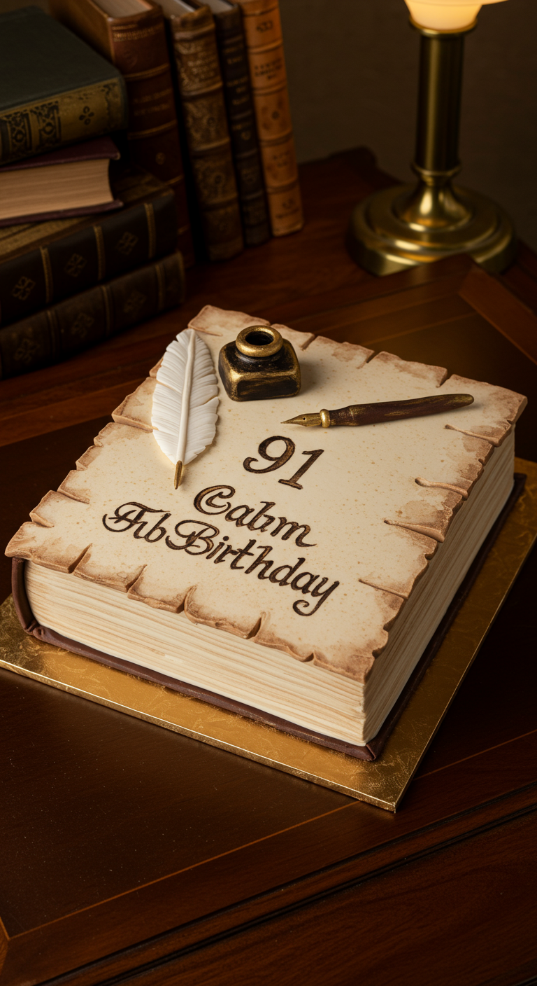 Torte in Buchform mit Aufschrift „91st Birthday“, Federkiel und Tintenfass.