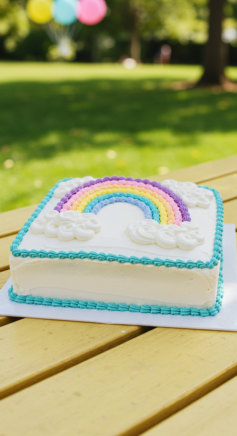 Weißer Blechkuchen mit aufgespritztem Regenbogen und Wolken aus Buttercreme.