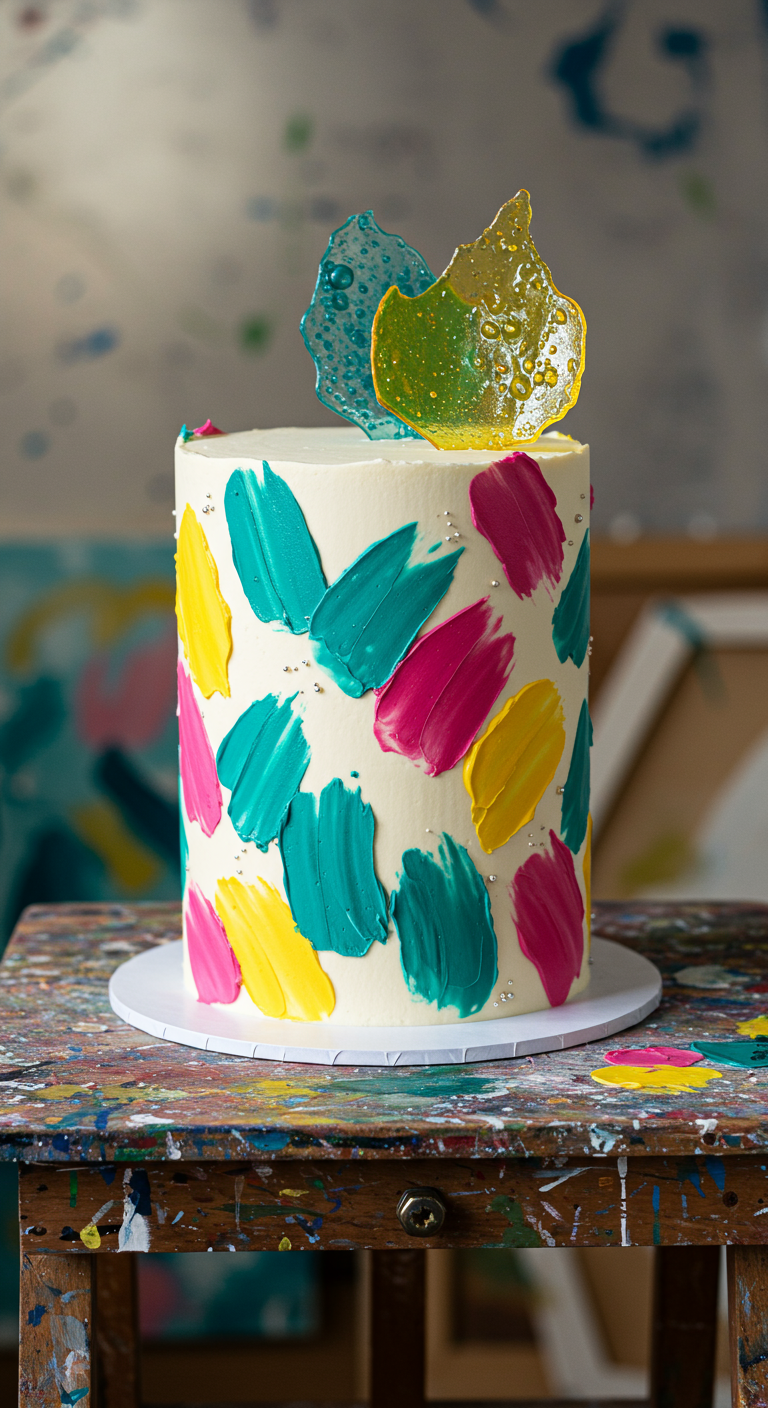 Weiße Torte mit bunten Farbklecksen und Zuckerscherben.