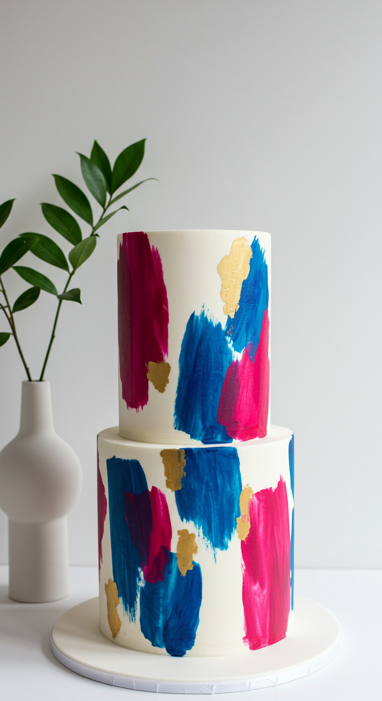 Zweistöckige weiße Torte mit abstrakten Pinselstrichen in Pink, Blau und Gold.