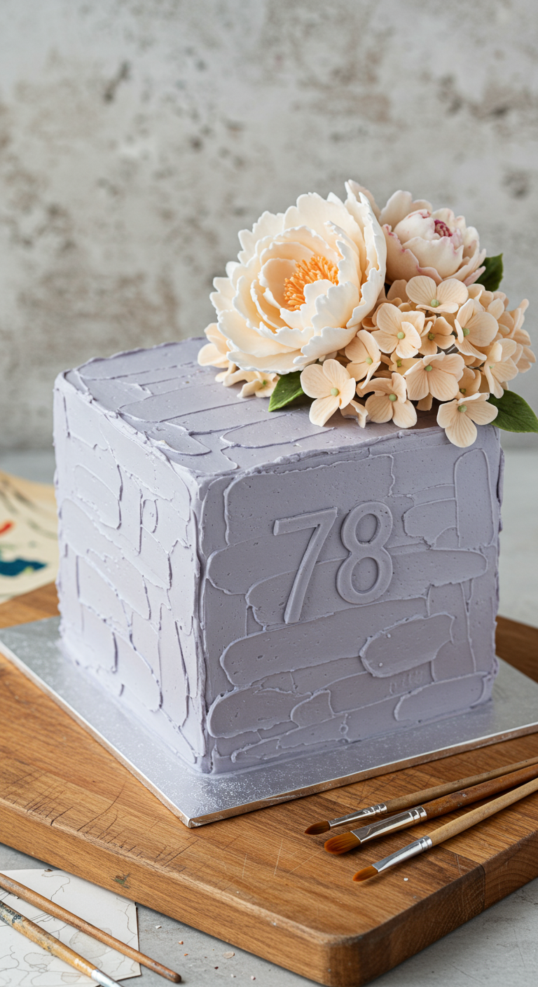 Quadratische, lavendelfarbene Torte mit strukturierter Oberfläche und Zuckerblumen.