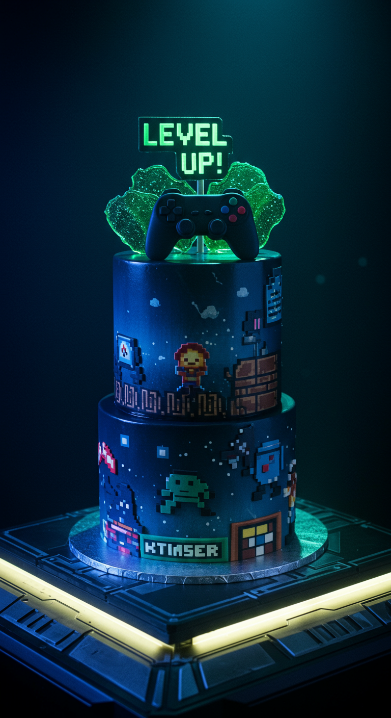 Zweistöckige Gamer-Torte mit Pixel-Design und Controller-Topper.