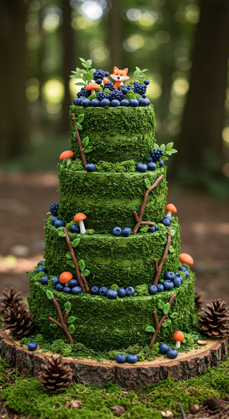 Mehrstöckige grüne Moostorte mit Blaubeeren und Waldtierfiguren.