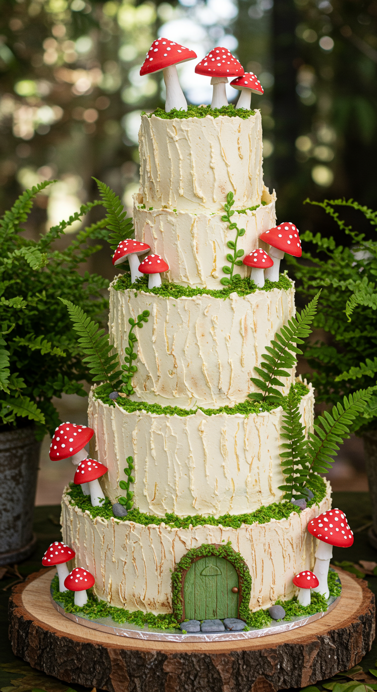 Mehrstöckige Torte im Wald-Look mit Buttercreme-Rinde, Farn und Fliegenpilzen.