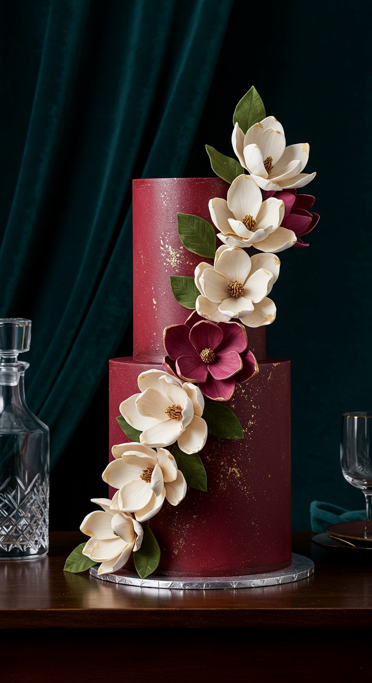 Dunkelrote zweistöckige Torte mit großen weißen und pinken Zucker-Magnolien.