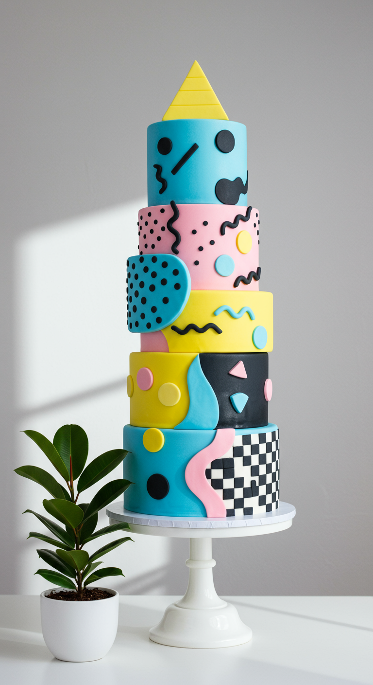 Hohe, mehrstöckige Torte im bunten 80er Memphis-Design mit Mustern und Formen.