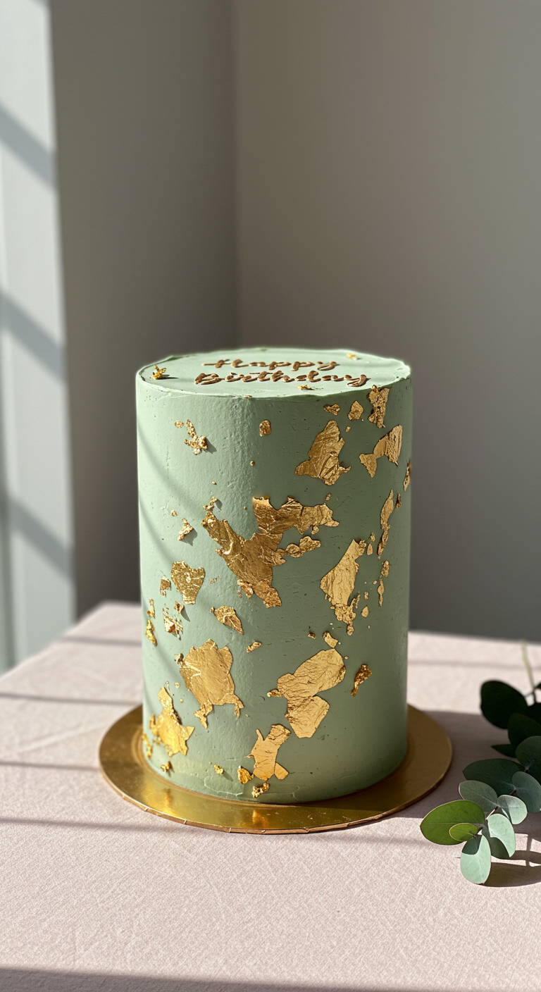 Mintgrüne Torte mit Blattgold-Flocken und goldenem „Happy Birthday“-Schriftzug.