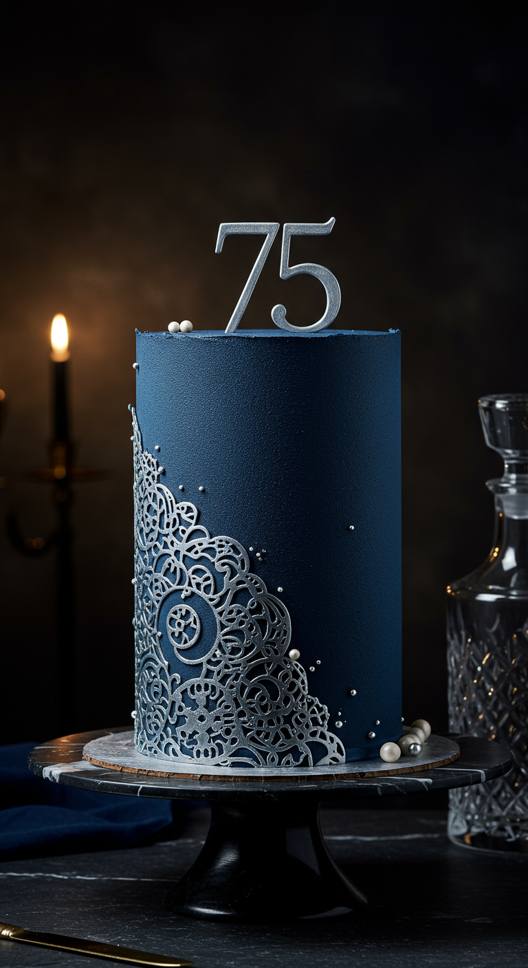 Dunkelblaue zylindrische Torte mit großem silbernen Ornament und 75-Topper.