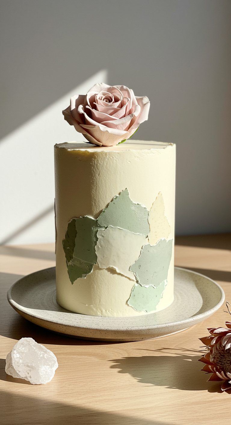 Hohe, cremefarbene Torte mit abstrakten grünen Farbflecken und einer Rose.