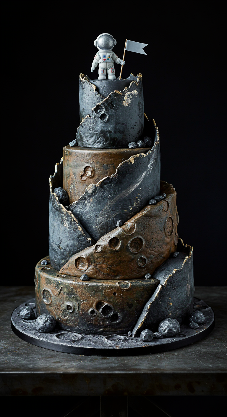 Mehrstöckige Torte in Mondkrater-Optik mit Astronautenfigur.