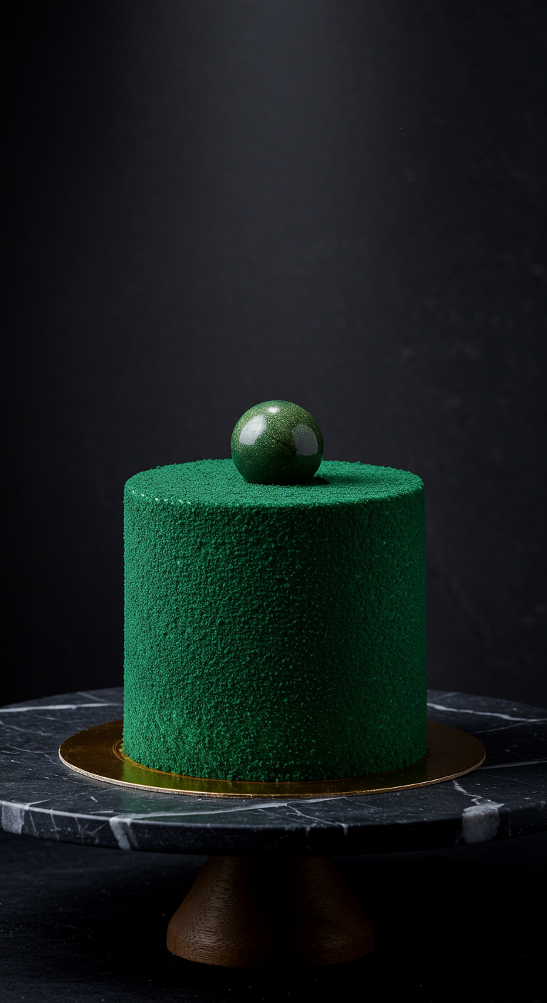 Dunkelgrüne Samt-Torte mit einer glänzenden grünen Kugel obendrauf.