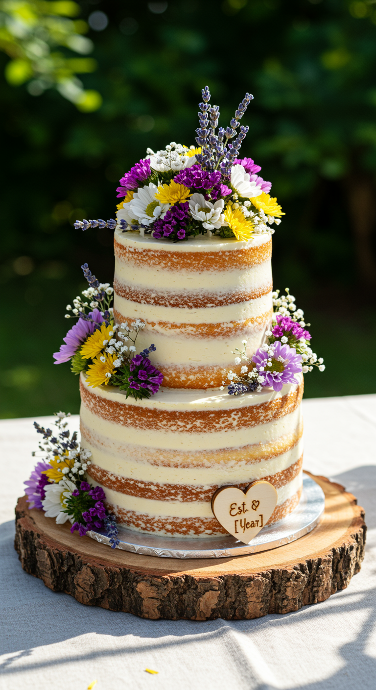 Zweistöckiger Naked Cake mit frischen bunten Blumen dekoriert.