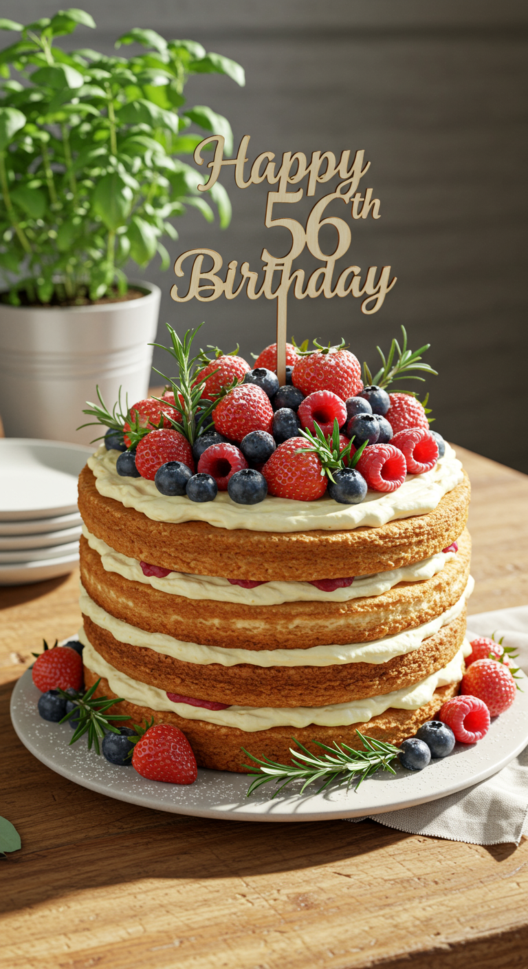 Mehrschichtiger Naked Cake mit Beeren, Creme und „Happy 56th Birthday“-Topper.
