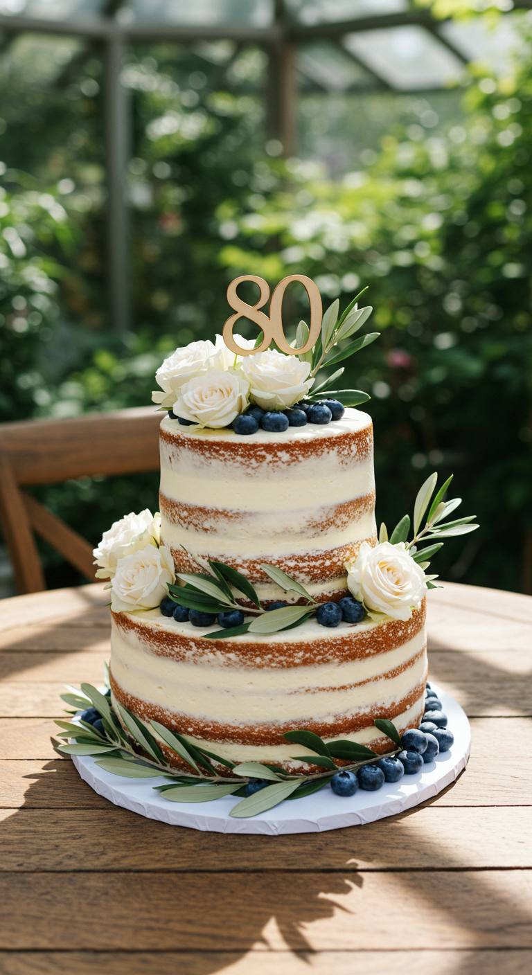 Zweistöckiger Naked Cake mit Buttercreme, Blaubeeren, weißen Rosen und Olivenzweigen.