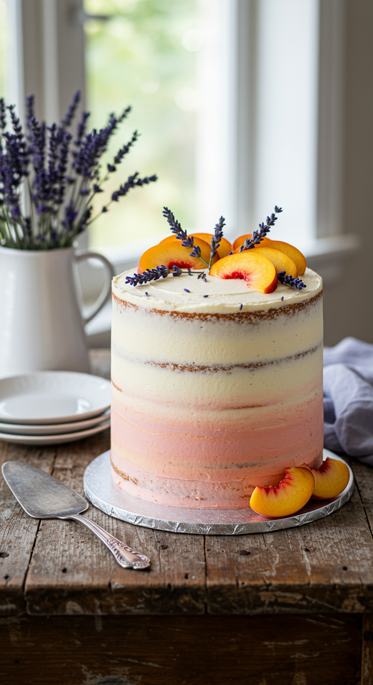 Naked Cake mit Pfirsich-Ombré, frischen Pfirsichen und Lavendel.