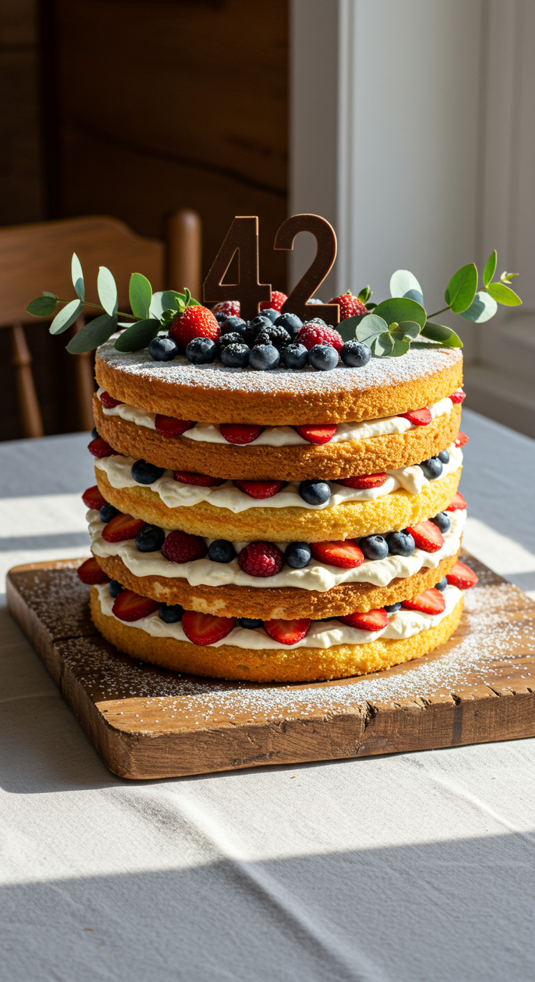Hoher Naked Cake mit mehreren Schichten, Sahne, frischen Beeren und Zahl 42.