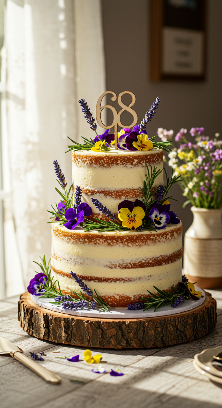 Zweistöckiger Naked Cake mit Buttercreme, essbaren Blüten und Kräutern,