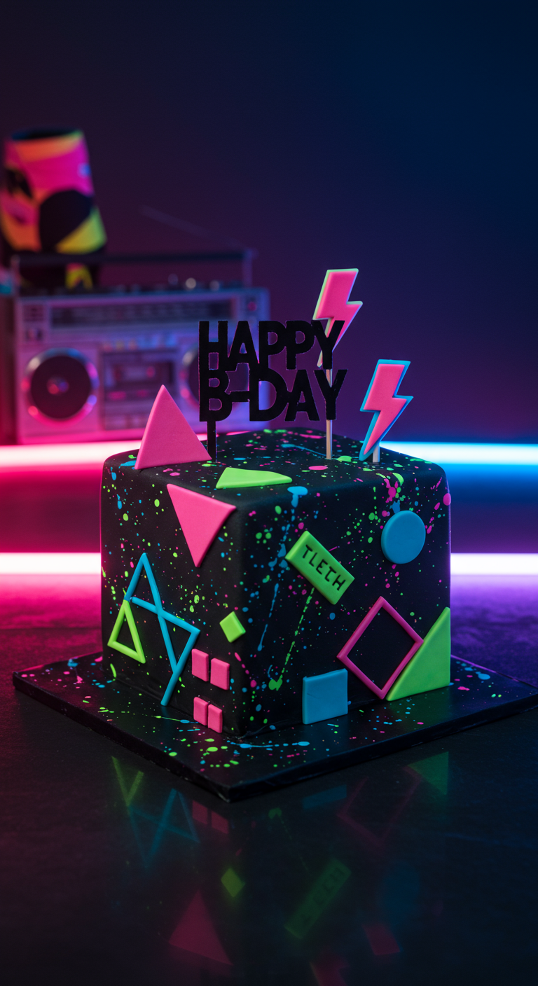 Schwarze Torte mit Neon-Farbspritzern, geometrischen Formen und 80er Happy B-Day Topper.