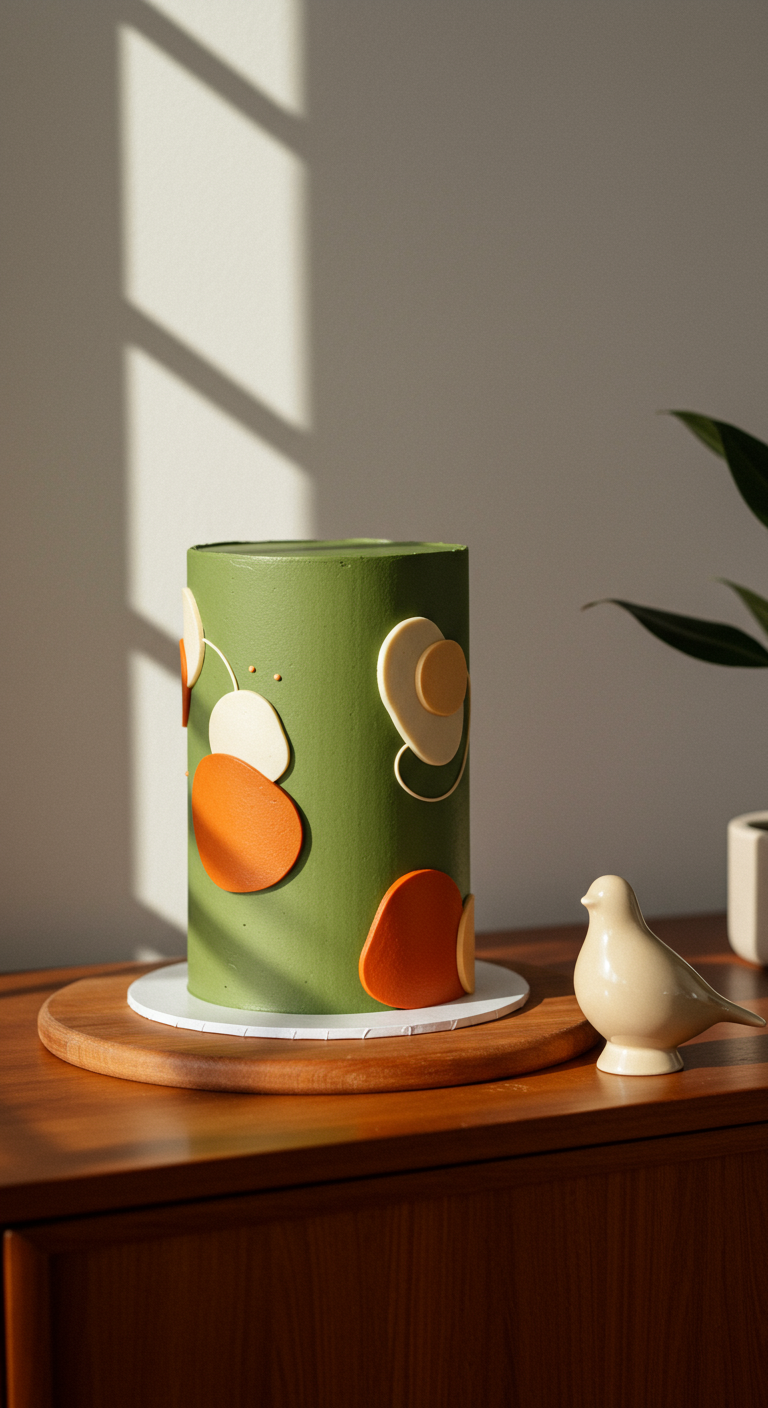 Olivgrüne Torte mit abstrakten orangefarbenen und weißen Fondant-Formen.