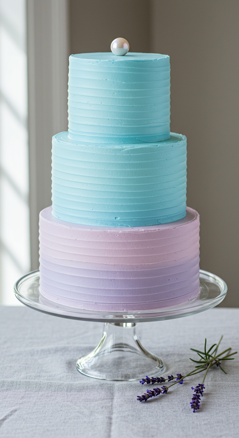 Dreistöckige Torte mit Ombré-Farbverlauf von Lila zu Blau, gerillte Buttercreme, einzelne Perle.