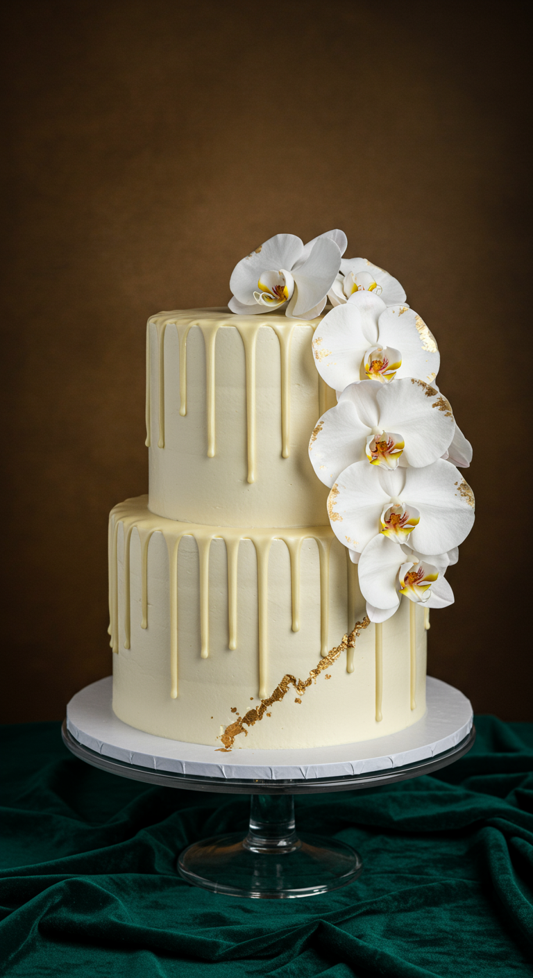 Zweistöckige weiße Torte mit weißem Schokoladen-Drip und weißen Orchideen.