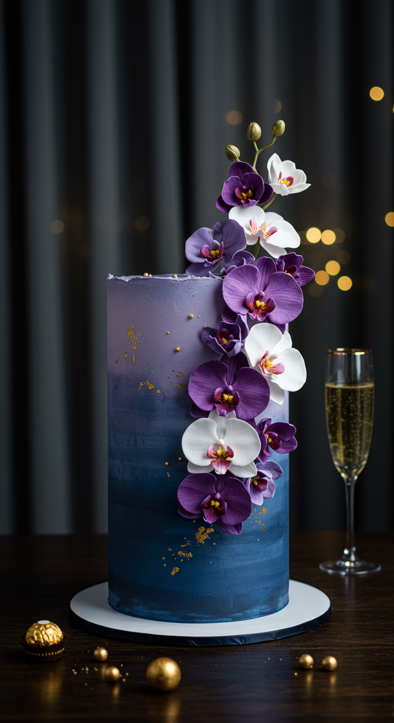Dunkelblau-lila Ombré-Torte mit weißen und lila Orchideen und Goldakzenten.