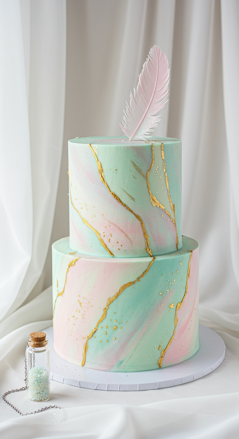 Zweistöckige Torte in Mint-Rosa-Marmoroptik mit goldenen Akzenten und einer rosa Feder.
