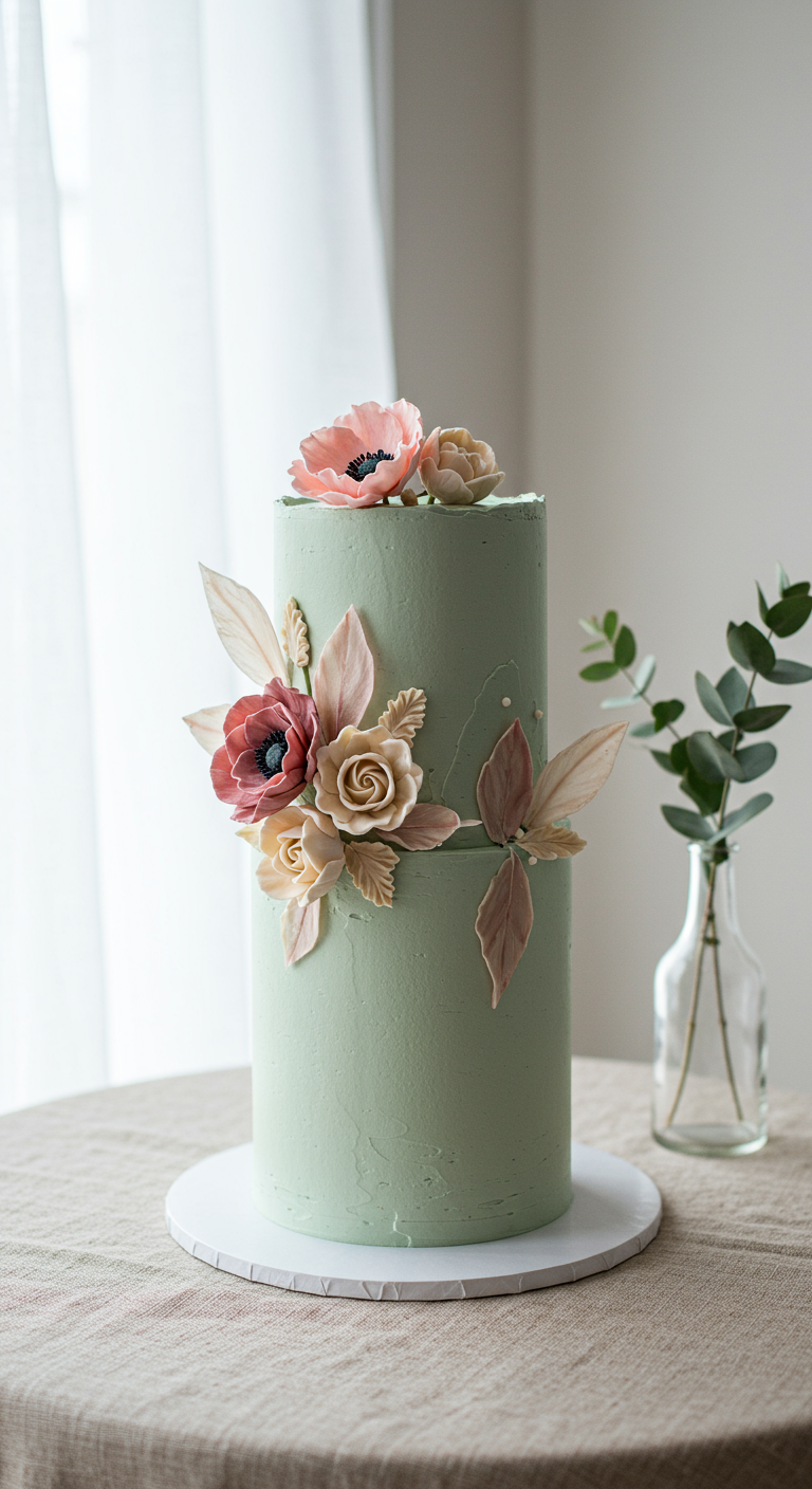 Zweistöckige, mintgrüne Torte mit kunstvollen Zuckerblumen in Rosa und Beige.
