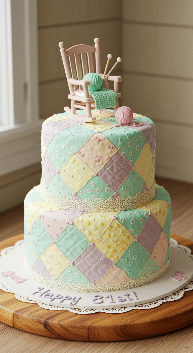 Zweistöckige Torte im Patchwork-Design mit Schaukelstuhl-Topper.