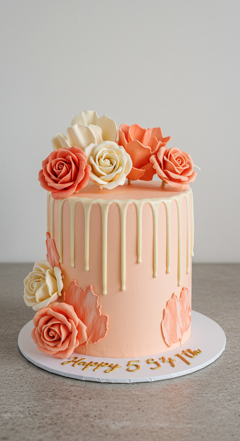 Hohe pfirsichfarbene Torte mit weißem Schokoladen-Drip und üppigen Rosen in Pfirsich und Creme.