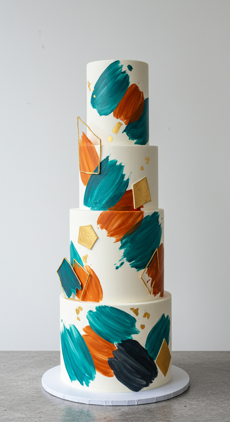 Mehrstöckige weiße Torte mit abstrakten Pinselstrichen in Türkis und Orange, Goldakzenten.